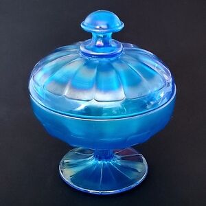 1920s Fenton #643 Covered BonBon - Celeste Blue Stretch Glass Compote